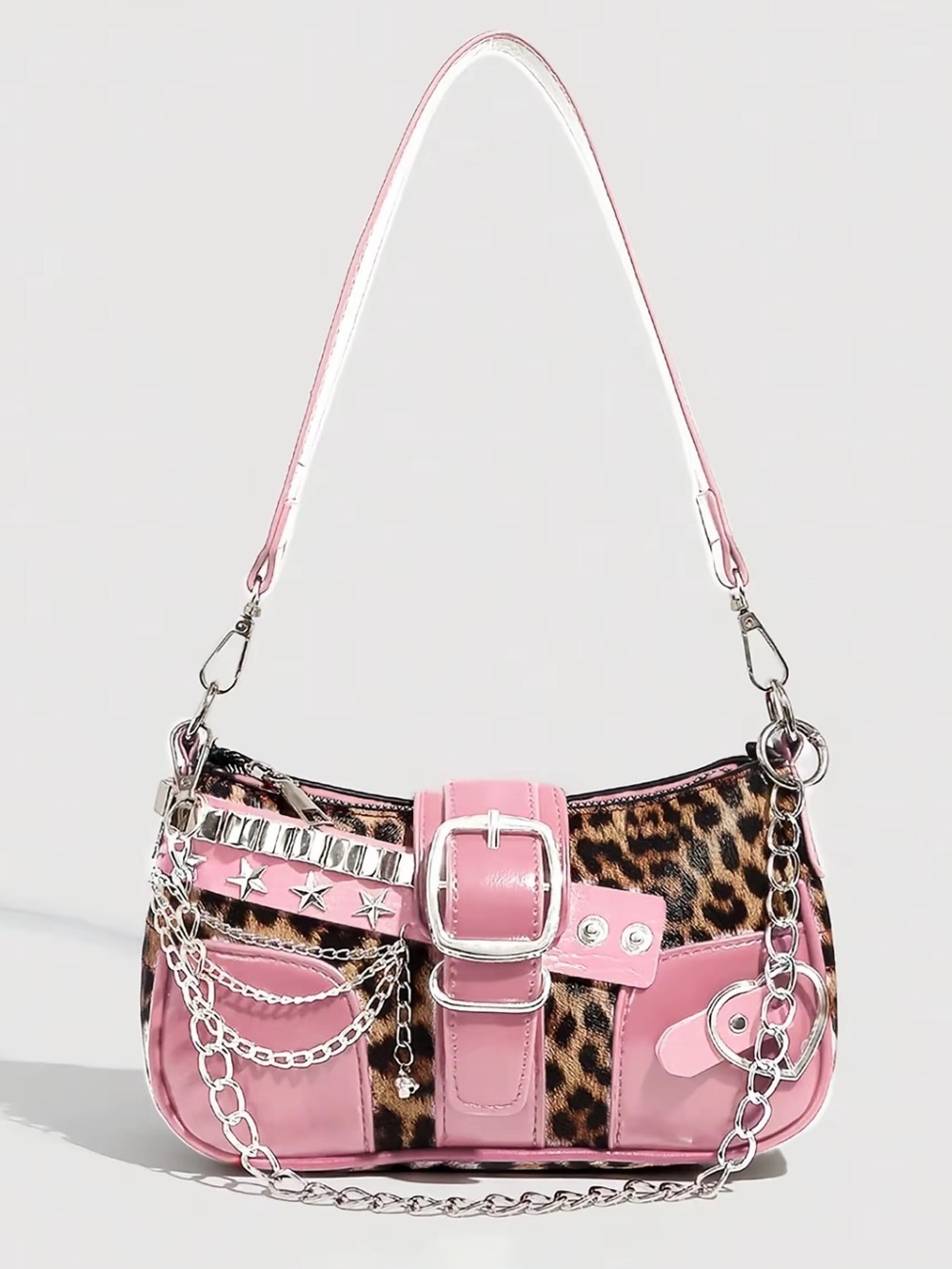 chic Pink Leopard-Trim Shoulder Bag with Silver Hardware